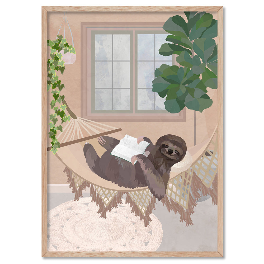 Sloth Chill Time - Art Print, Poster, Stretched Canvas, or Framed Wall Art Print, shown in a natural timber frame