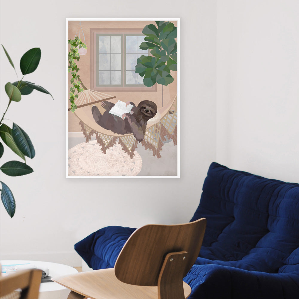 Sloth Chill Time - Art Print, Poster, Stretched Canvas or Framed Wall Art Prints, shown framed in a room