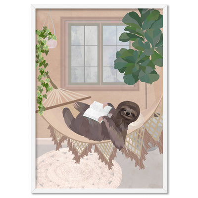 Sloth Chill Time - Art Print, Poster, Stretched Canvas, or Framed Wall Art Print, shown in a white frame