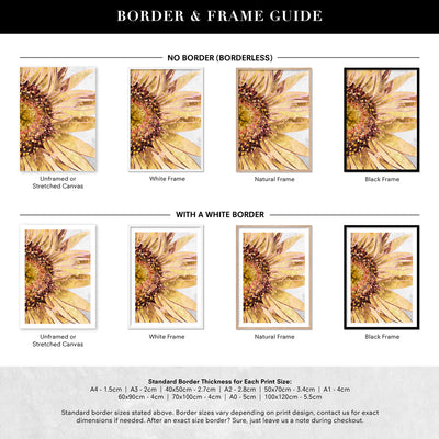 Golden Sunflower - Art Print, Poster, Stretched Canvas or Framed Wall Art, Showing White , Black, Natural Frame Colours, No Frame (Unframed) or Stretched Canvas, and With or Without White Borders