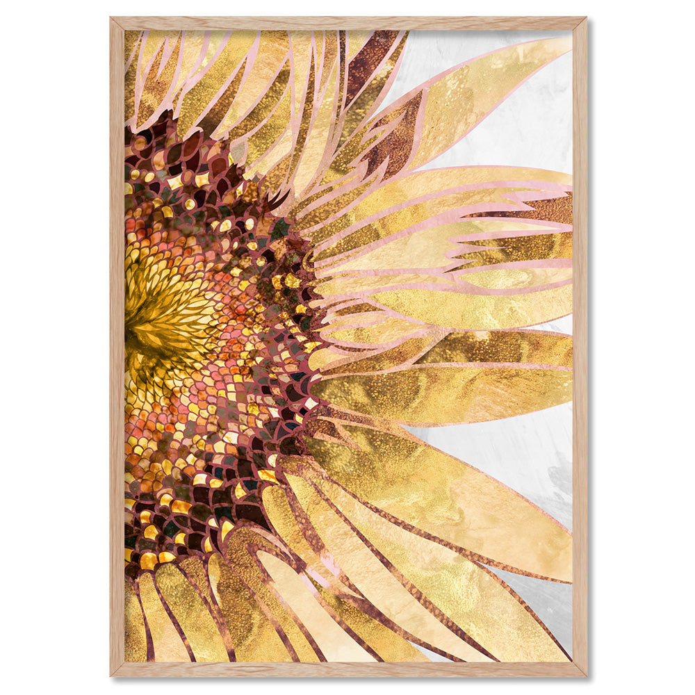 Golden Sunflower - Art Print, Poster, Stretched Canvas, or Framed Wall Art Print, shown in a natural timber frame