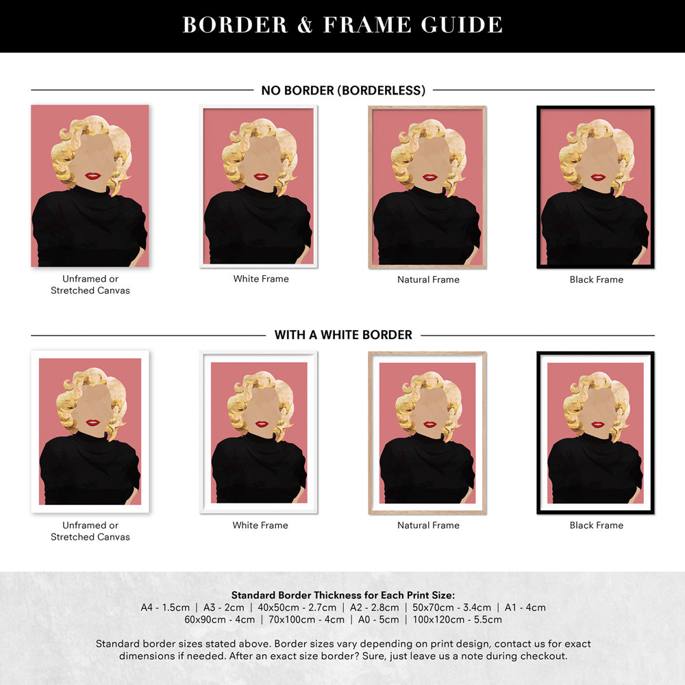 Marilyn Pop - Art Print, Poster, Stretched Canvas or Framed Wall Art, Showing White , Black, Natural Frame Colours, No Frame (Unframed) or Stretched Canvas, and With or Without White Borders