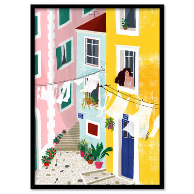 Cinque Terre Breeze Illustration - Art Print by Maja Tomljanovic, Poster, Stretched Canvas, or Framed Wall Art Print, shown in a black frame