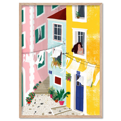 Cinque Terre Breeze Illustration - Art Print by Maja Tomljanovic, Poster, Stretched Canvas, or Framed Wall Art Print, shown in a natural timber frame