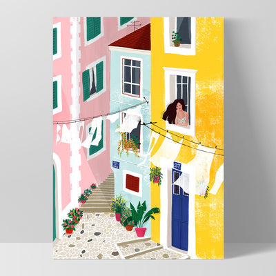 Cinque Terre Breeze Illustration - Art Print by Maja Tomljanovic, Poster, Stretched Canvas, or Framed Wall Art Print, shown as a stretched canvas or poster without a frame
