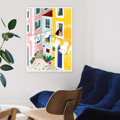 Cinque Terre Breeze Illustration - Art Print by Maja Tomljanovic, Poster, Stretched Canvas or Framed Wall Art Prints, shown framed in a room