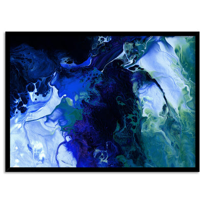 Abstract Fluid Paint in Blues - Art Print, Poster, Stretched Canvas, or Framed Wall Art Print, shown in a black frame