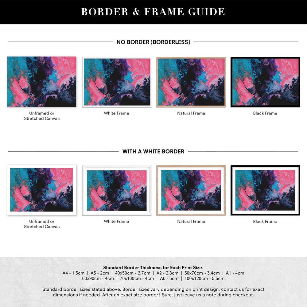 Abstract Fluid Paint in Turquoise & Pinks - Art Print, Poster, Stretched Canvas or Framed Wall Art, Showing White , Black, Natural Frame Colours, No Frame (Unframed) or Stretched Canvas, and With or Without White Borders