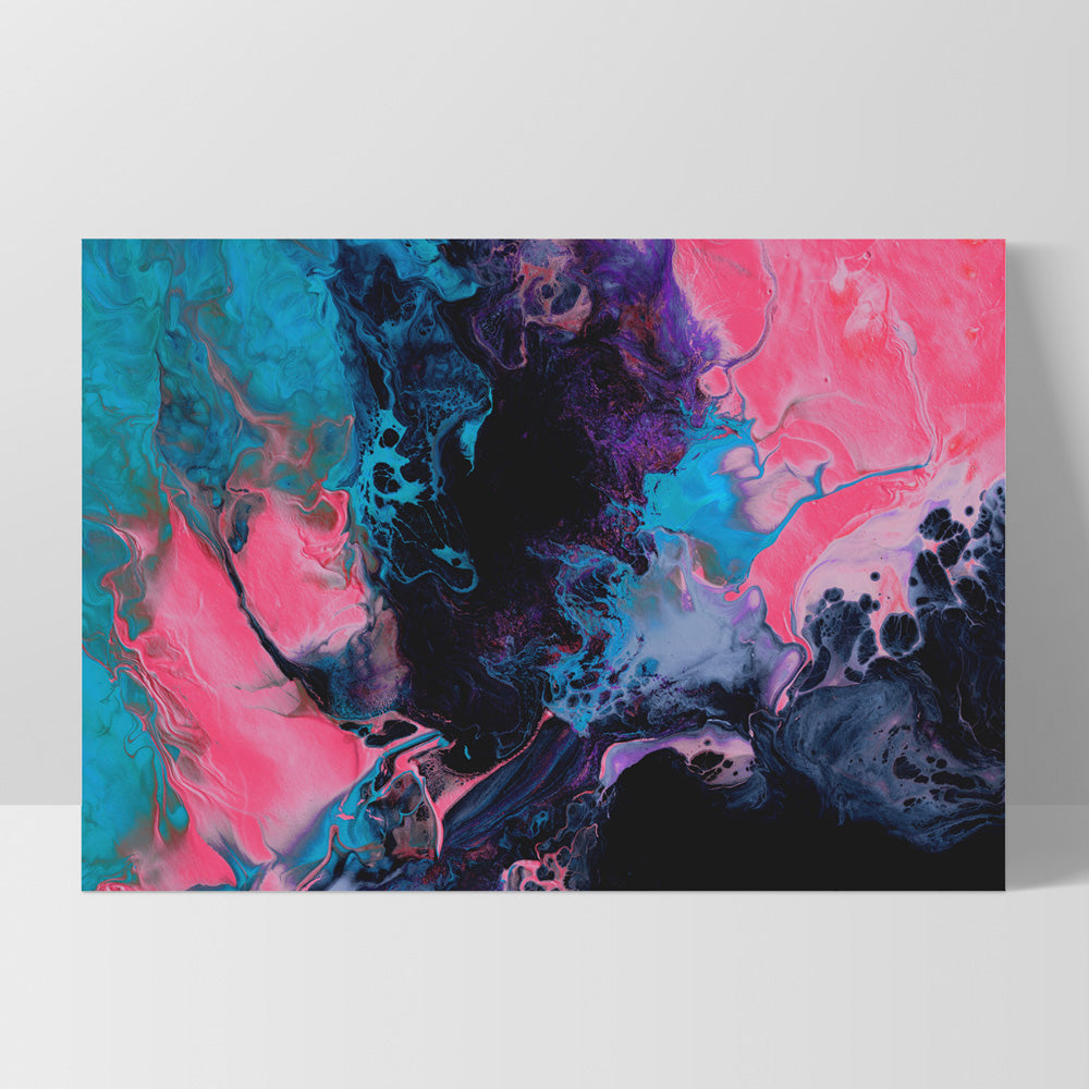 Abstract Fluid Paint in Turquoise & Pinks - Art Print, Poster, Stretched Canvas, or Framed Wall Art Print, shown as a stretched canvas or poster without a frame