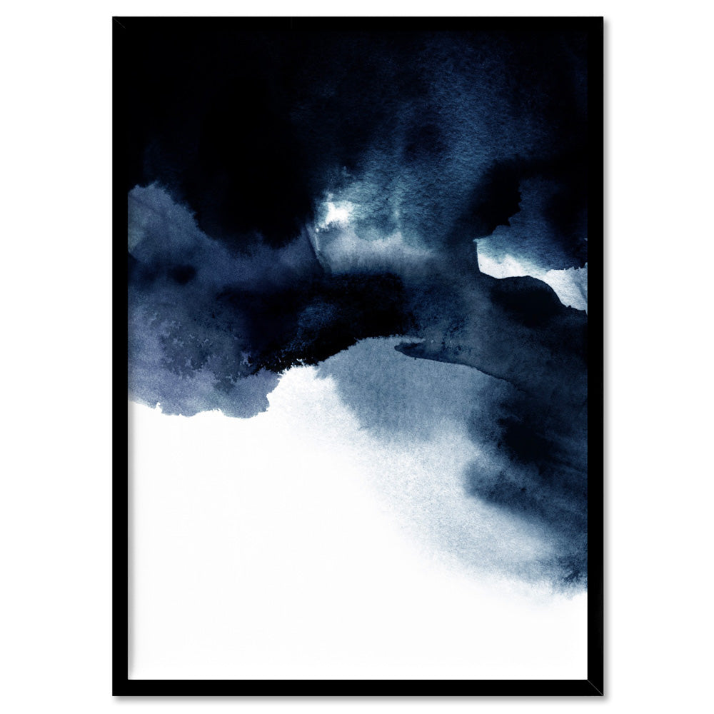 Abstract Watercolour Navy Indigo Clouds I - Art Print, Poster, Stretched Canvas, or Framed Wall Art Print, shown in a black frame