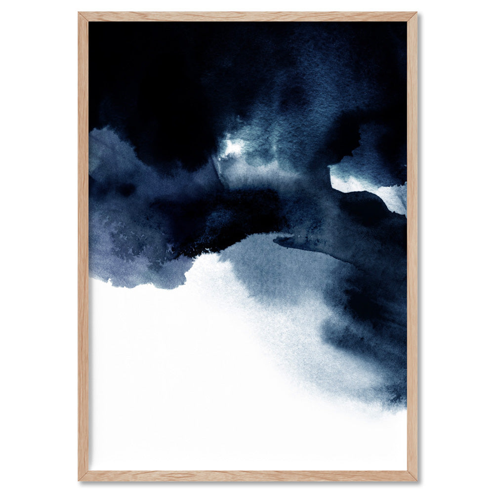 Abstract Watercolour Navy Indigo Clouds I - Art Print, Poster, Stretched Canvas, or Framed Wall Art Print, shown in a natural timber frame