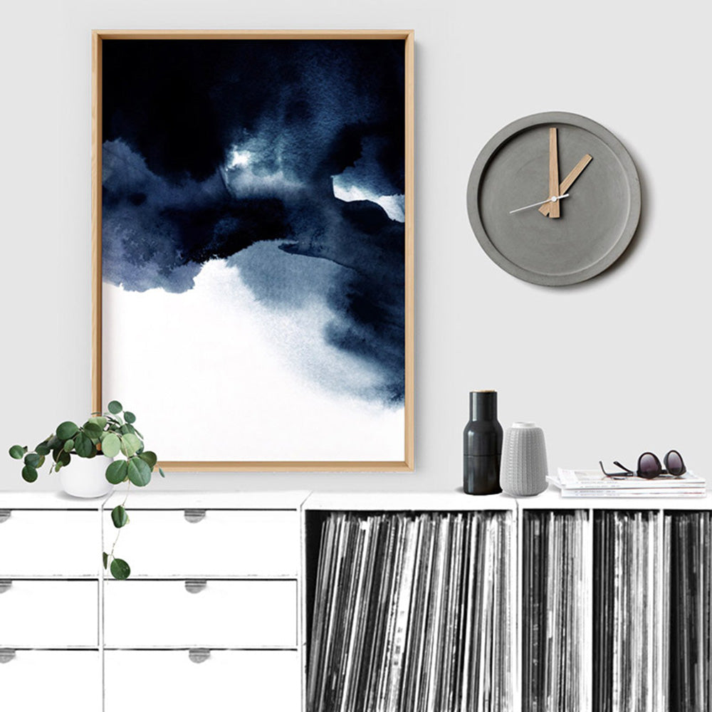 Abstract Watercolour Navy Indigo Clouds I - Art Print, Poster, Stretched Canvas or Framed Wall Art Prints, shown framed in a room