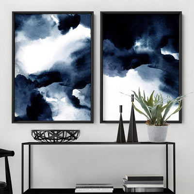 Abstract Watercolour Navy Indigo Clouds I - Art Print, Poster, Stretched Canvas or Framed Wall Art, shown framed in a home interior space