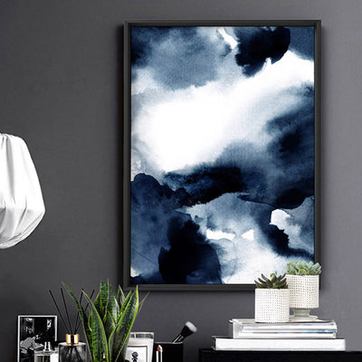 Abstract Watercolour Navy Indigo Clouds II - Art Print, Poster, Stretched Canvas or Framed Wall Art Prints, shown framed in a room
