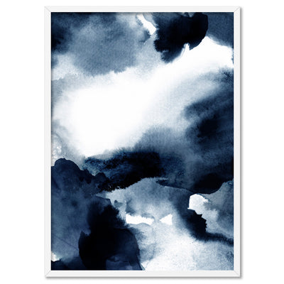 Abstract Watercolour Navy Indigo Clouds II - Art Print, Poster, Stretched Canvas, or Framed Wall Art Print, shown in a white frame