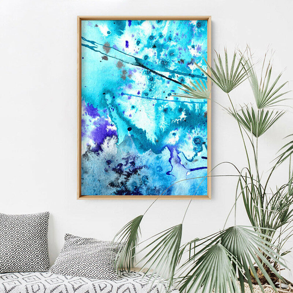 Abstract Watercolour Into the Blue I- Art Print, Poster, Stretched Canvas or Framed Wall Art Prints, shown framed in a room