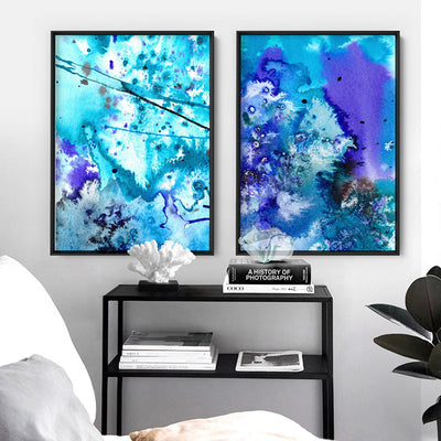 Abstract Watercolour Into the Blue I- Art Print, Poster, Stretched Canvas or Framed Wall Art, shown framed in a home interior space