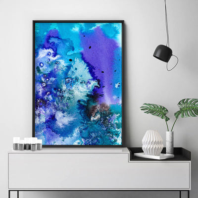 Abstract Watercolour Into the Blue II - Art Print, Poster, Stretched Canvas or Framed Wall Art Prints, shown framed in a room