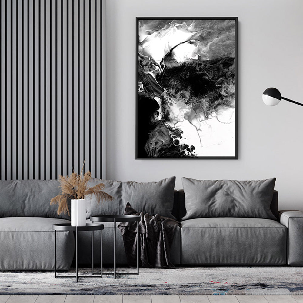 Abstract Fluid Monochrome I - Art Print, Poster, Stretched Canvas or Framed Wall Art Prints, shown framed in a room