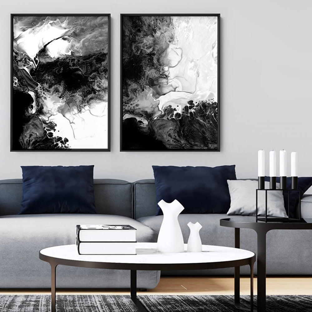 Abstract Fluid Monochrome I - Art Print, Poster, Stretched Canvas or Framed Wall Art, shown framed in a home interior space