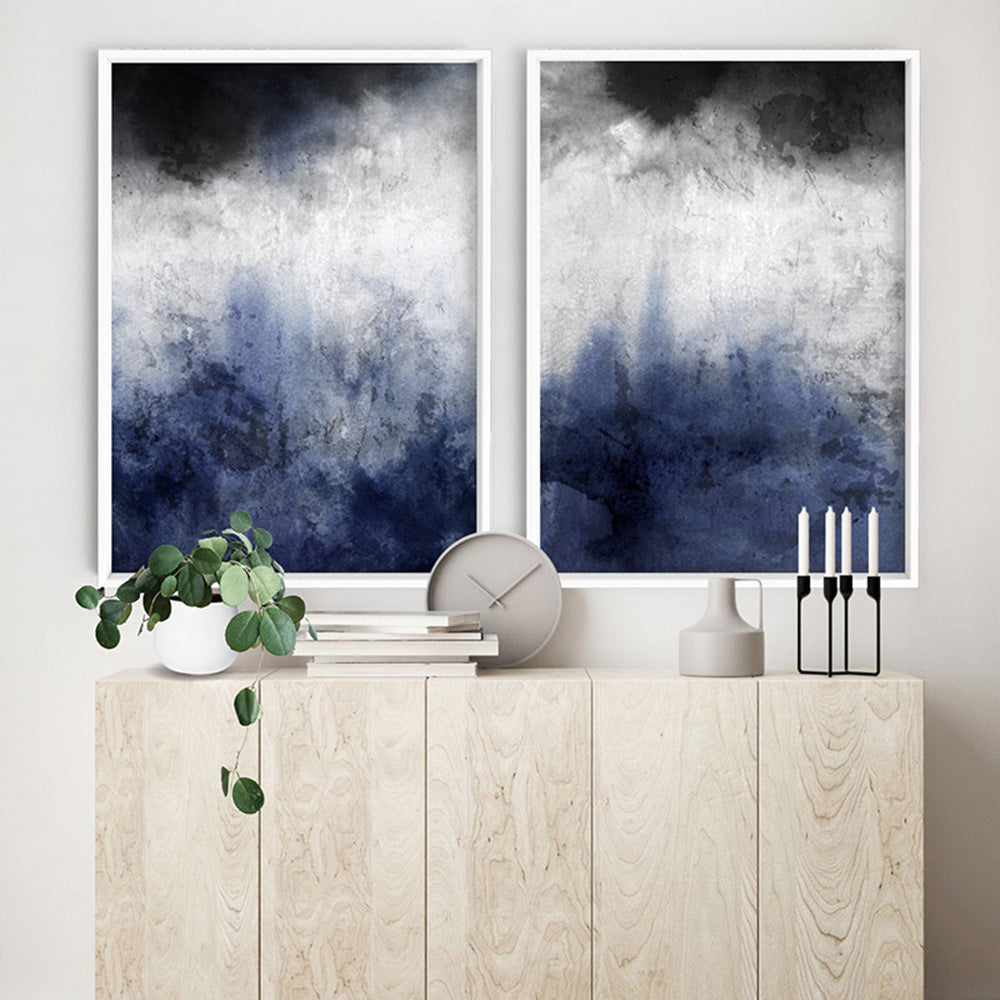 Distressed Black & Blues Abstract I - Art Print, Poster, Stretched Canvas or Framed Wall Art, shown framed in a home interior space