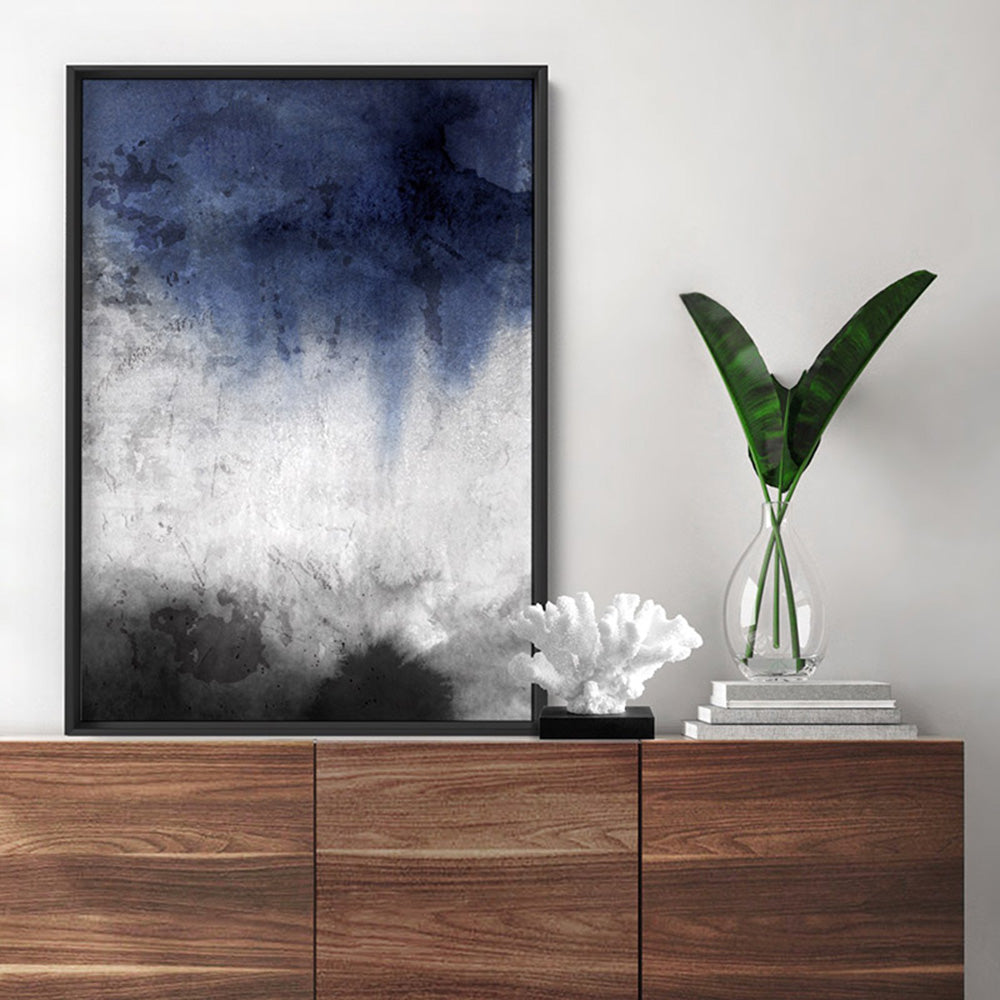 Distressed Black & Blues Abstract II - Art Print, Poster, Stretched Canvas or Framed Wall Art Prints, shown framed in a room