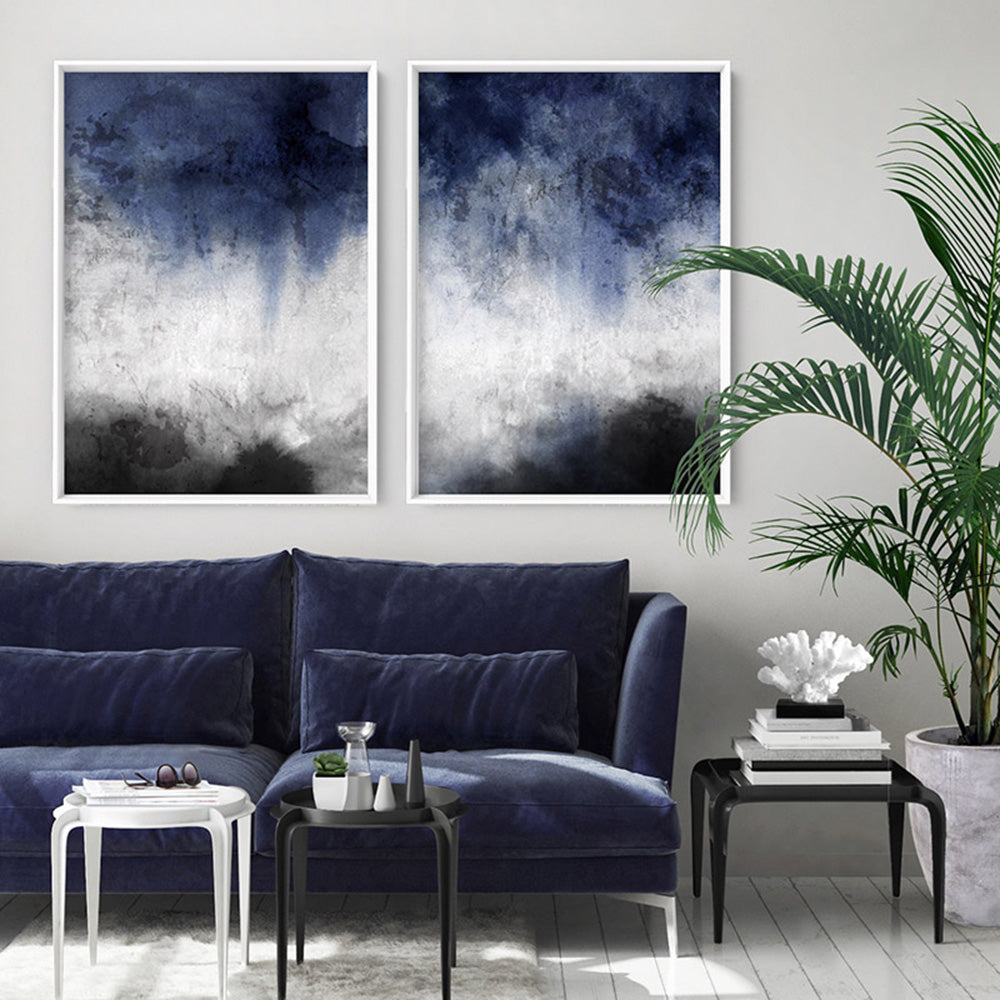 Distressed Black & Blues Abstract II - Art Print, Poster, Stretched Canvas or Framed Wall Art, shown framed in a home interior space