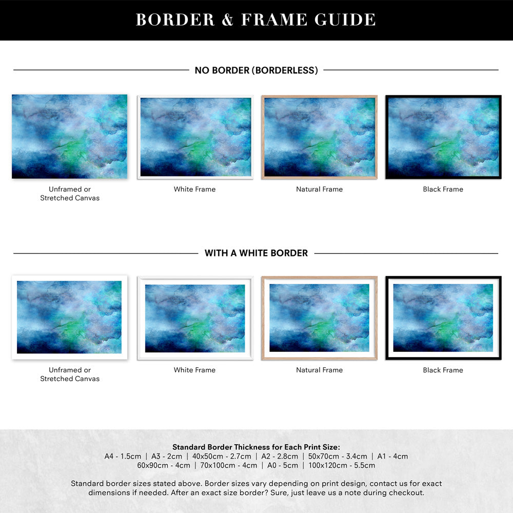 Abstract Watercolour & Ink Blue Depths - Art Print, Poster, Stretched Canvas or Framed Wall Art, Showing White , Black, Natural Frame Colours, No Frame (Unframed) or Stretched Canvas, and With or Without White Borders