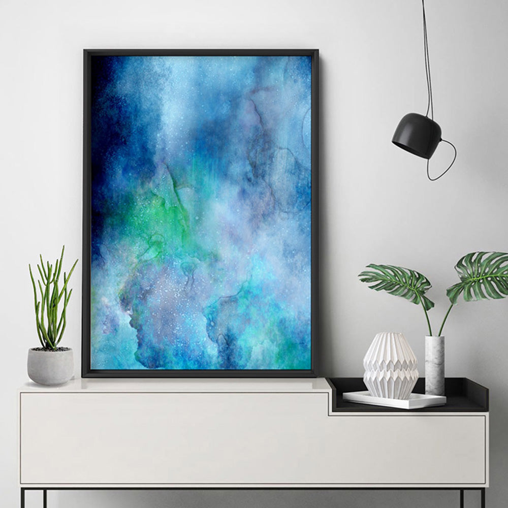 Abstract Watercolour & Ink Blue Depths - Art Print, Poster, Stretched Canvas or Framed Wall Art Prints, shown framed in a room