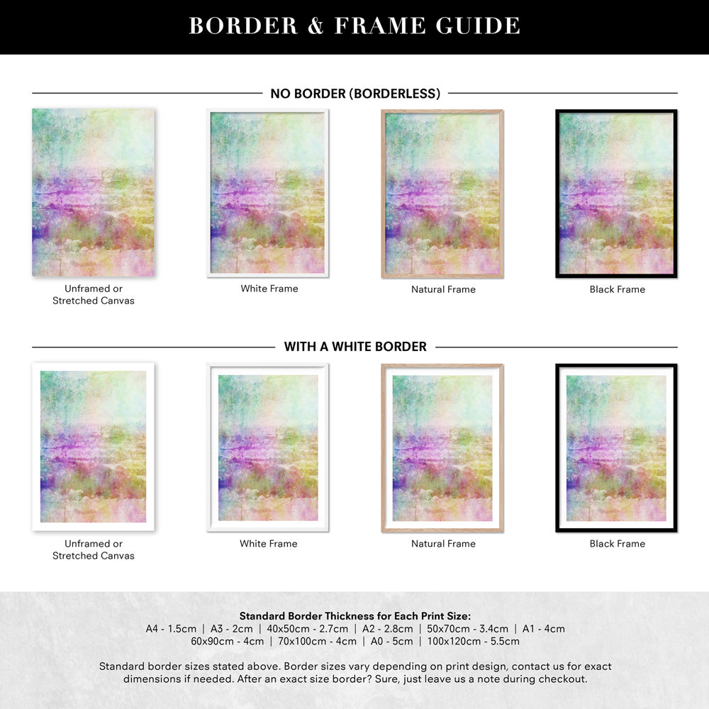 Distressed Rainbow Abstract - Art Print, Poster, Stretched Canvas or Framed Wall Art, Showing White , Black, Natural Frame Colours, No Frame (Unframed) or Stretched Canvas, and With or Without White Borders