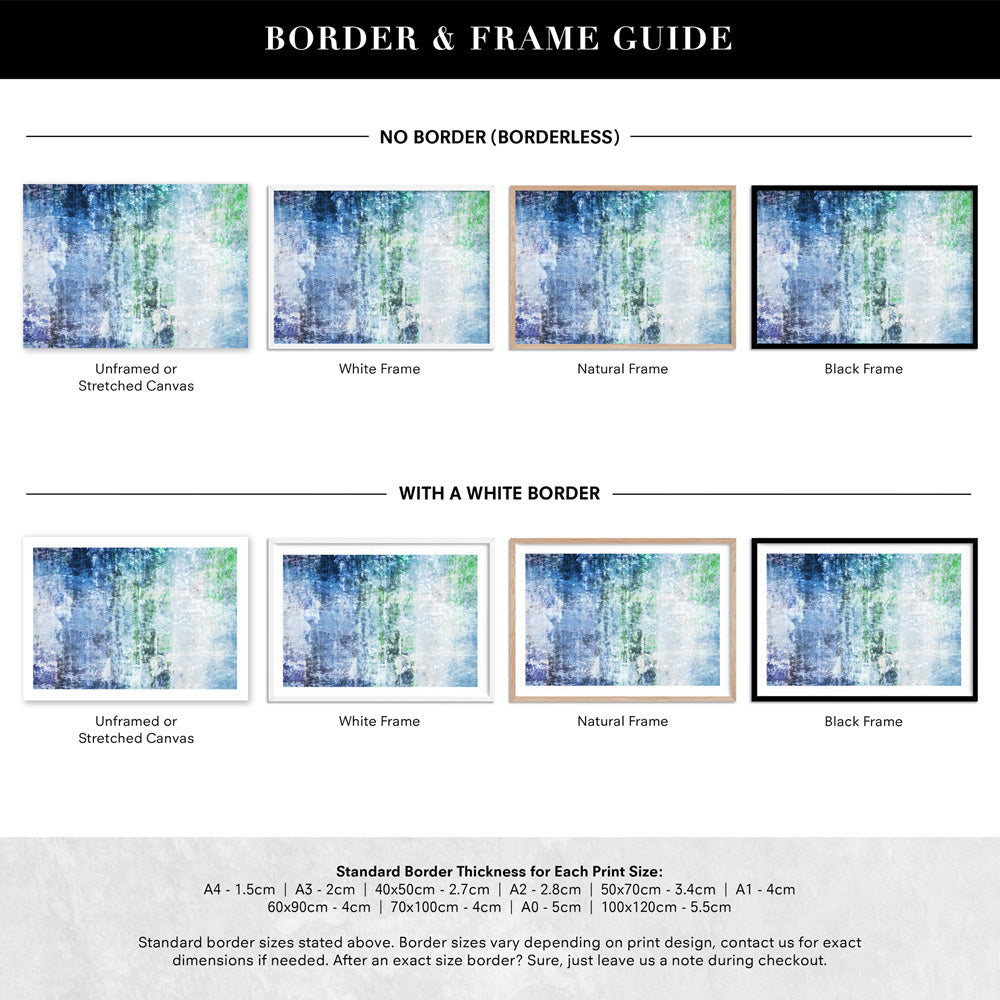 Distressed Blues & Greens Abstract - Art Print, Poster, Stretched Canvas or Framed Wall Art, Showing White , Black, Natural Frame Colours, No Frame (Unframed) or Stretched Canvas, and With or Without White Borders