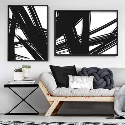 Abstract Bold Lines in Black & White I - Art Print, Poster, Stretched Canvas or Framed Wall Art, shown framed in a home interior space