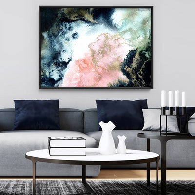 Abstract Ink Voyage, gold look highlights - Art Print, Poster, Stretched Canvas or Framed Wall Art Prints, shown framed in a room