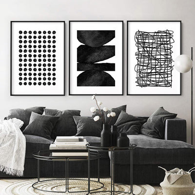 Abstract Monochrome | Scribbles - Art Print, Poster, Stretched Canvas or Framed Wall Art, shown framed in a home interior space