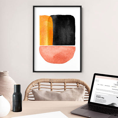 Abstract Mid Century | Terracotta on Black I - Art Print, Poster, Stretched Canvas or Framed Wall Art Prints, shown framed in a room