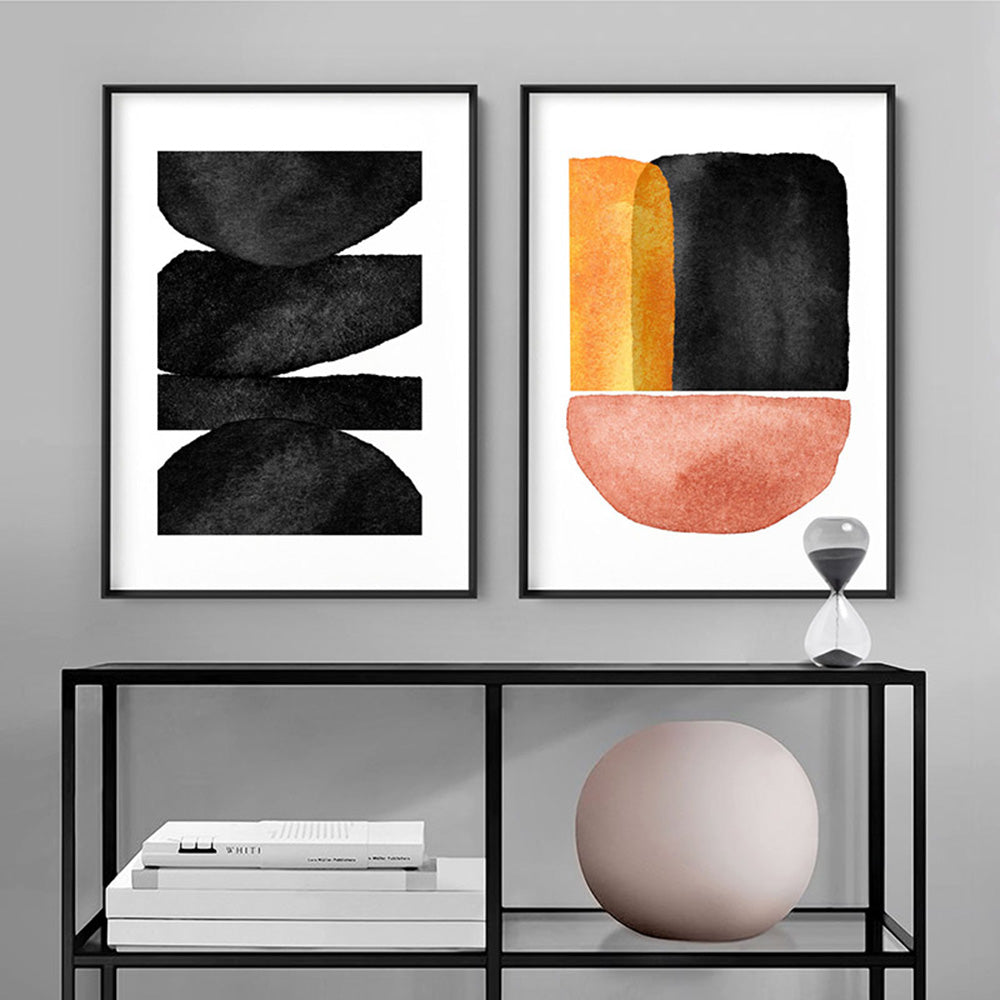 Abstract Mid Century | Terracotta on Black I - Art Print, Poster, Stretched Canvas or Framed Wall Art, shown framed in a home interior space