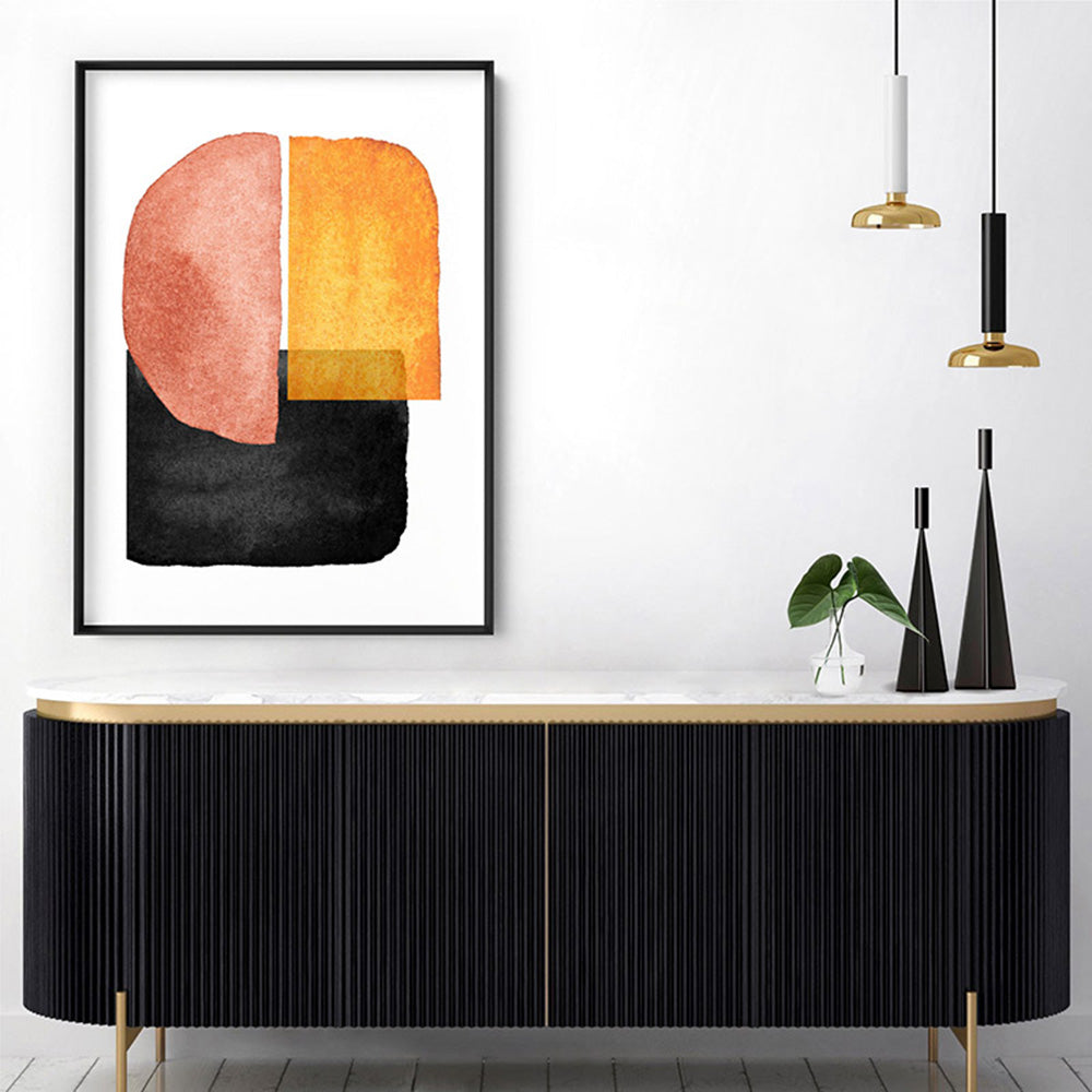Abstract Mid Century | Terracotta on Black II - Art Print, Poster, Stretched Canvas or Framed Wall Art Prints, shown framed in a room