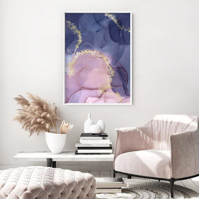Watercolour Inks | Pink & Purple I - Art Print, Poster, Stretched Canvas or Framed Wall Art Prints, shown framed in a room