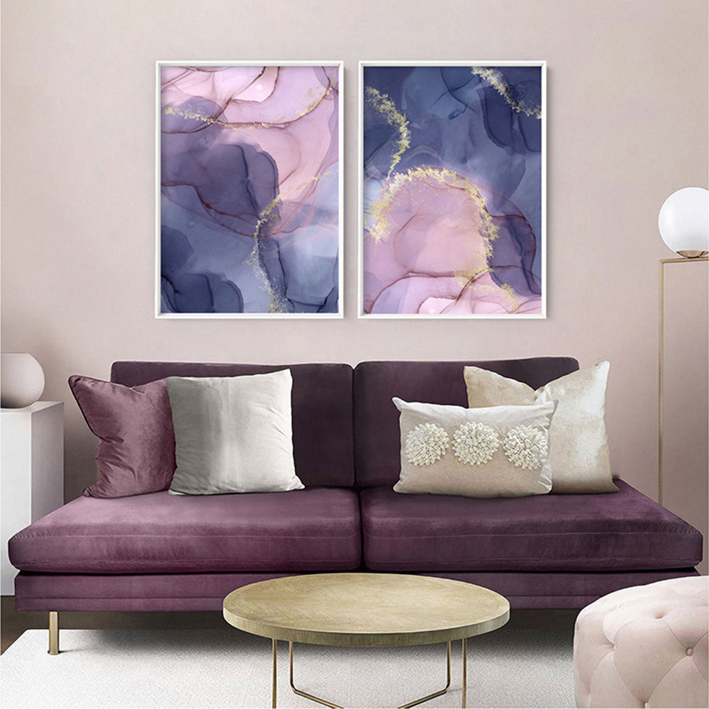Watercolour Inks | Pink & Purple I - Art Print, Poster, Stretched Canvas or Framed Wall Art, shown framed in a home interior space