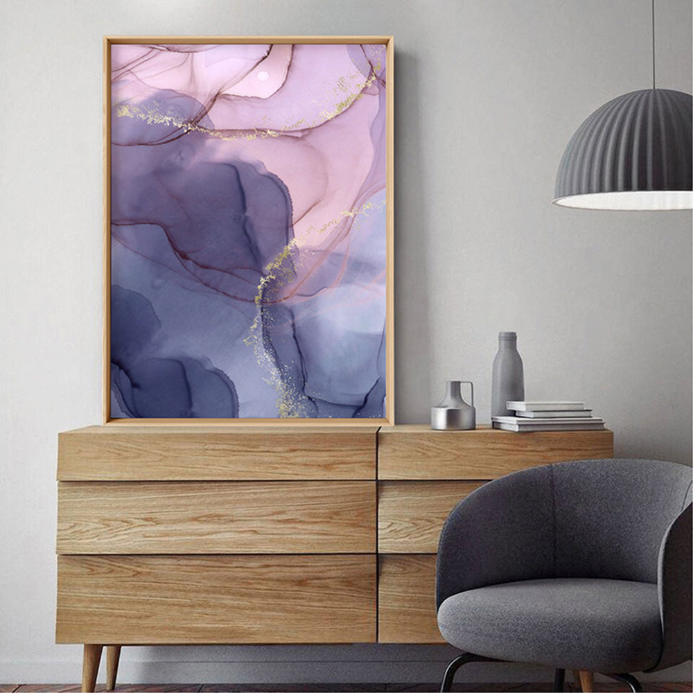 Watercolour Inks | Pink & Purple II - Art Print, Poster, Stretched Canvas or Framed Wall Art Prints, shown framed in a room