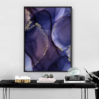 Watercolour Inks | Navy & Purple I - Art Print, Poster, Stretched Canvas or Framed Wall Art Prints, shown framed in a room