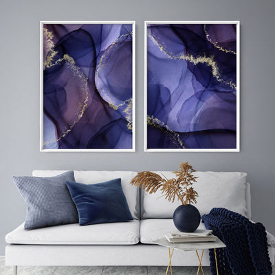 Watercolour Inks | Navy & Purple I - Art Print, Poster, Stretched Canvas or Framed Wall Art, shown framed in a home interior space