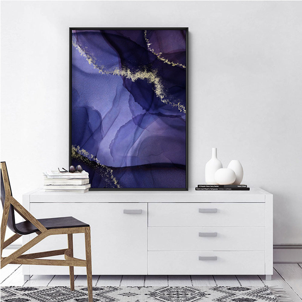 Watercolour Inks | Navy & Purple II - Art Print, Poster, Stretched Canvas or Framed Wall Art Prints, shown framed in a room