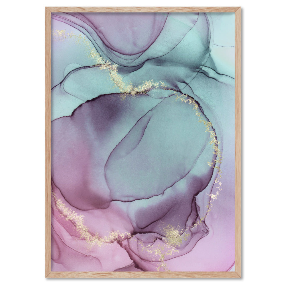 Watercolour Inks | Pink & Turquoise I - Art Print, Poster, Stretched Canvas, or Framed Wall Art Print, shown in a natural timber frame