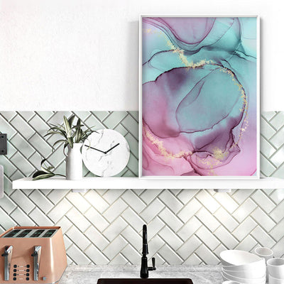 Watercolour Inks | Pink & Turquoise I - Art Print, Poster, Stretched Canvas or Framed Wall Art Prints, shown framed in a room