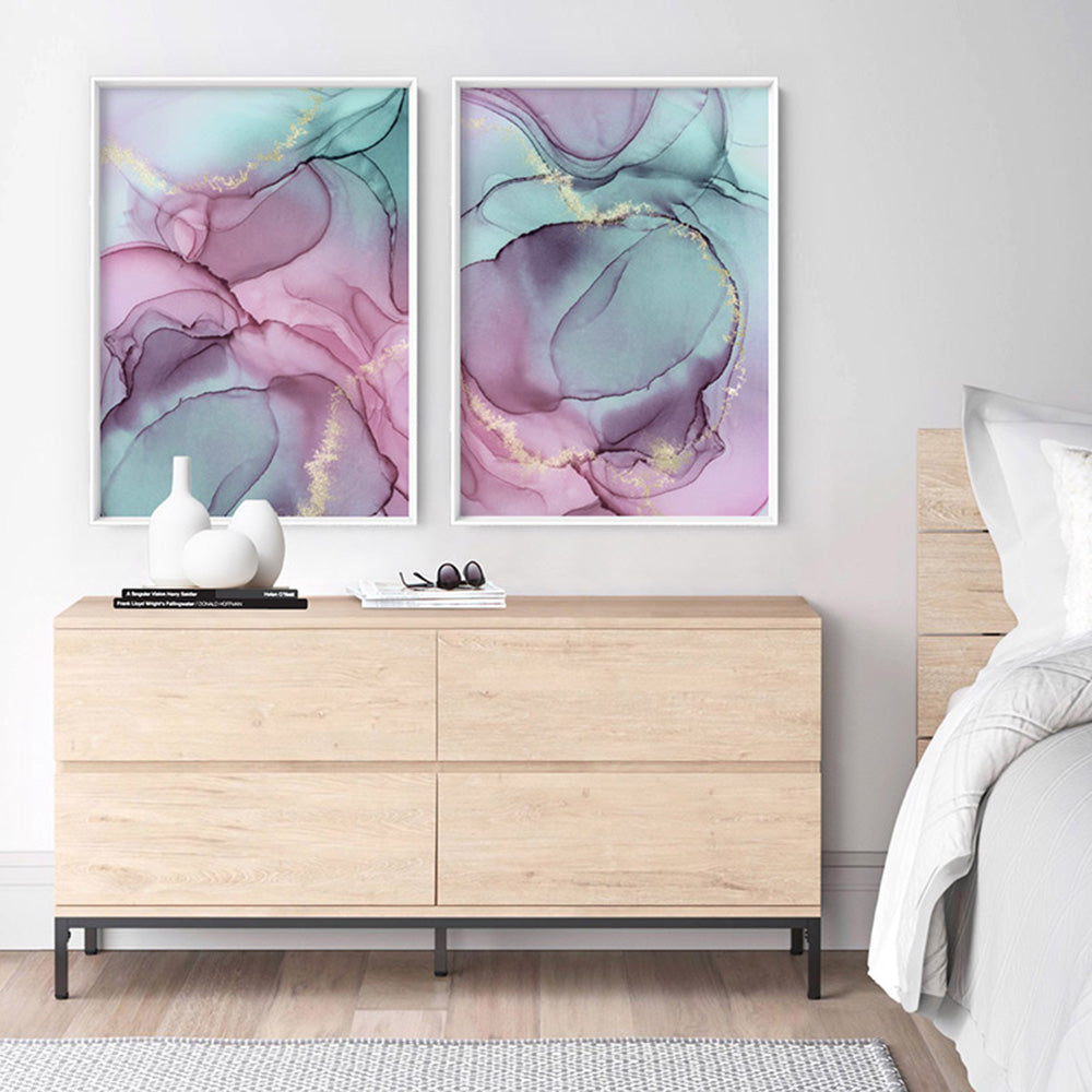 Watercolour Inks | Pink & Turquoise I - Art Print, Poster, Stretched Canvas or Framed Wall Art, shown framed in a home interior space