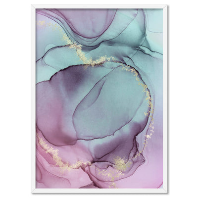 Watercolour Inks | Pink & Turquoise I - Art Print, Poster, Stretched Canvas, or Framed Wall Art Print, shown in a white frame