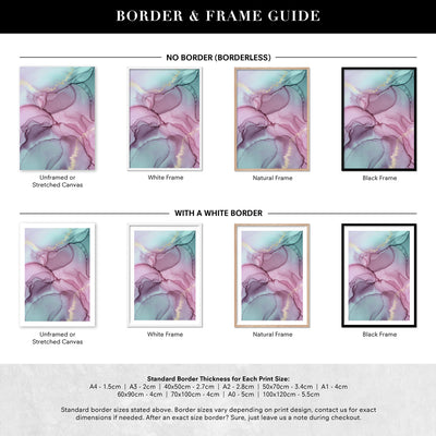 Watercolour Inks | Pink & Turquoise II - Art Print, Poster, Stretched Canvas or Framed Wall Art, Showing White , Black, Natural Frame Colours, No Frame (Unframed) or Stretched Canvas, and With or Without White Borders