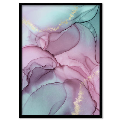 Watercolour Inks | Pink & Turquoise II - Art Print, Poster, Stretched Canvas, or Framed Wall Art Print, shown in a black frame