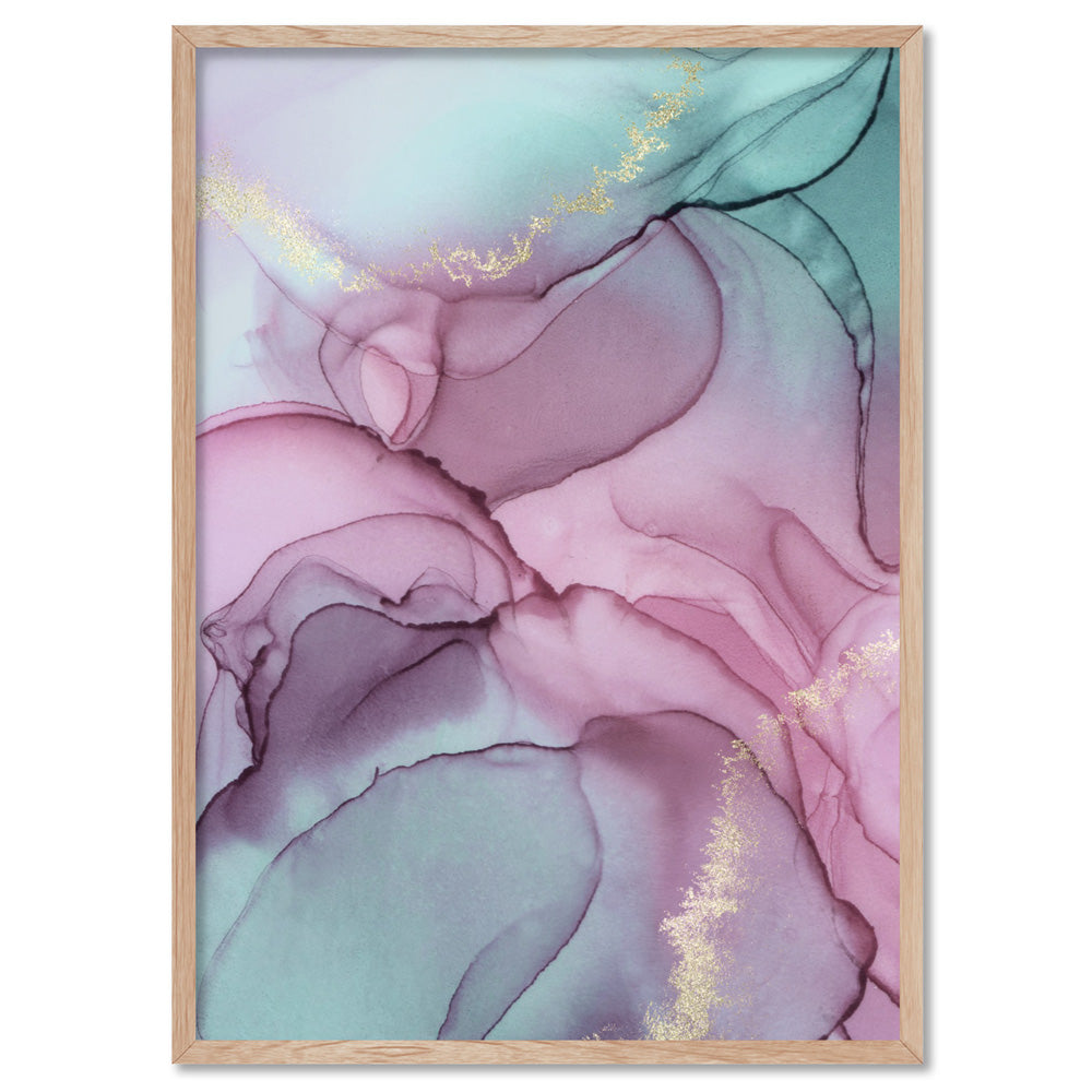 Watercolour Inks | Pink & Turquoise II - Art Print, Poster, Stretched Canvas, or Framed Wall Art Print, shown in a natural timber frame